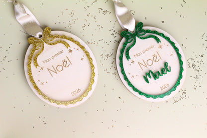 🧸 Boule “Mon Premier Noël” – Bois & Plexi Pailleté Personnalisée